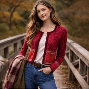 Oleana Norwegian Wool Red Jacquard Cardigan w/ Velvet Trim | Made in Norway Sz S